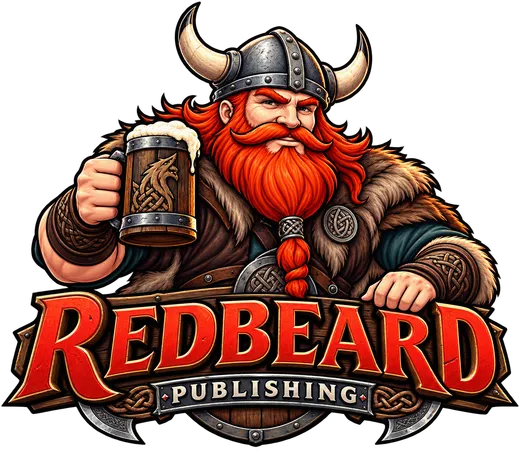 Redbeard Publishing — a red-bearded viking raising a tankard above a carved wooden sign