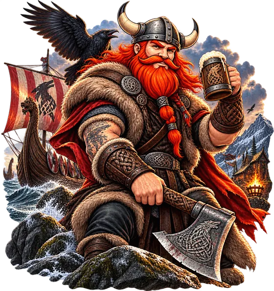 A red-bearded viking warrior raising a tankard, war axe in hand, a longship and burning settlement behind him
